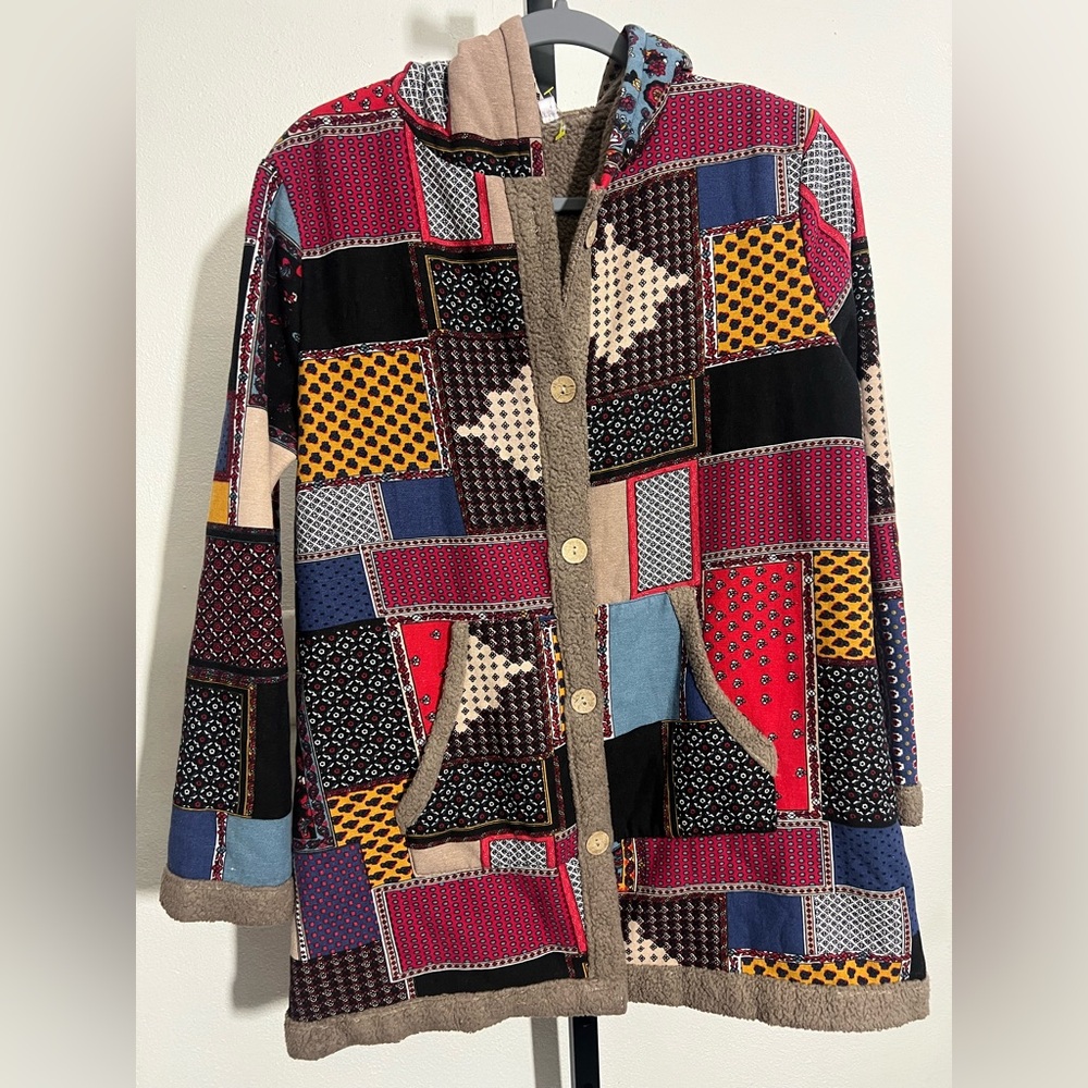 Patchwork Pattern Hooded Jacket Open Front Button… - image 4